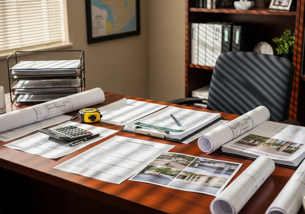Professional office environment with claims documentation and insurance settlement materials displayed on desk.