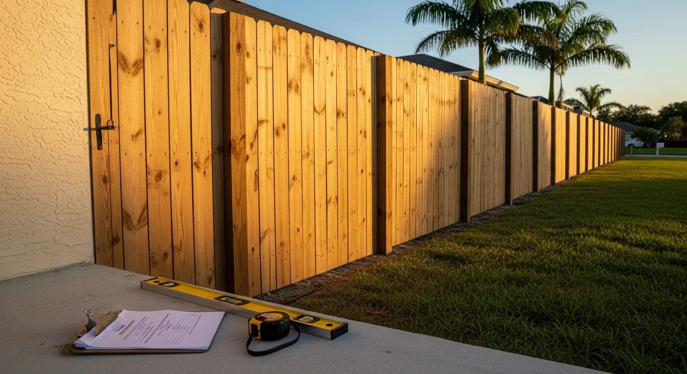 Consultant assessing exterior property damage including fence and screen enclosure