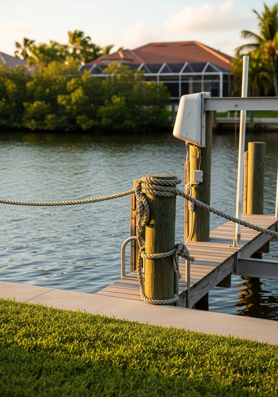 Close-up of a Cape Coral waterfront home exterior showing dock access and canal-side landscaping.