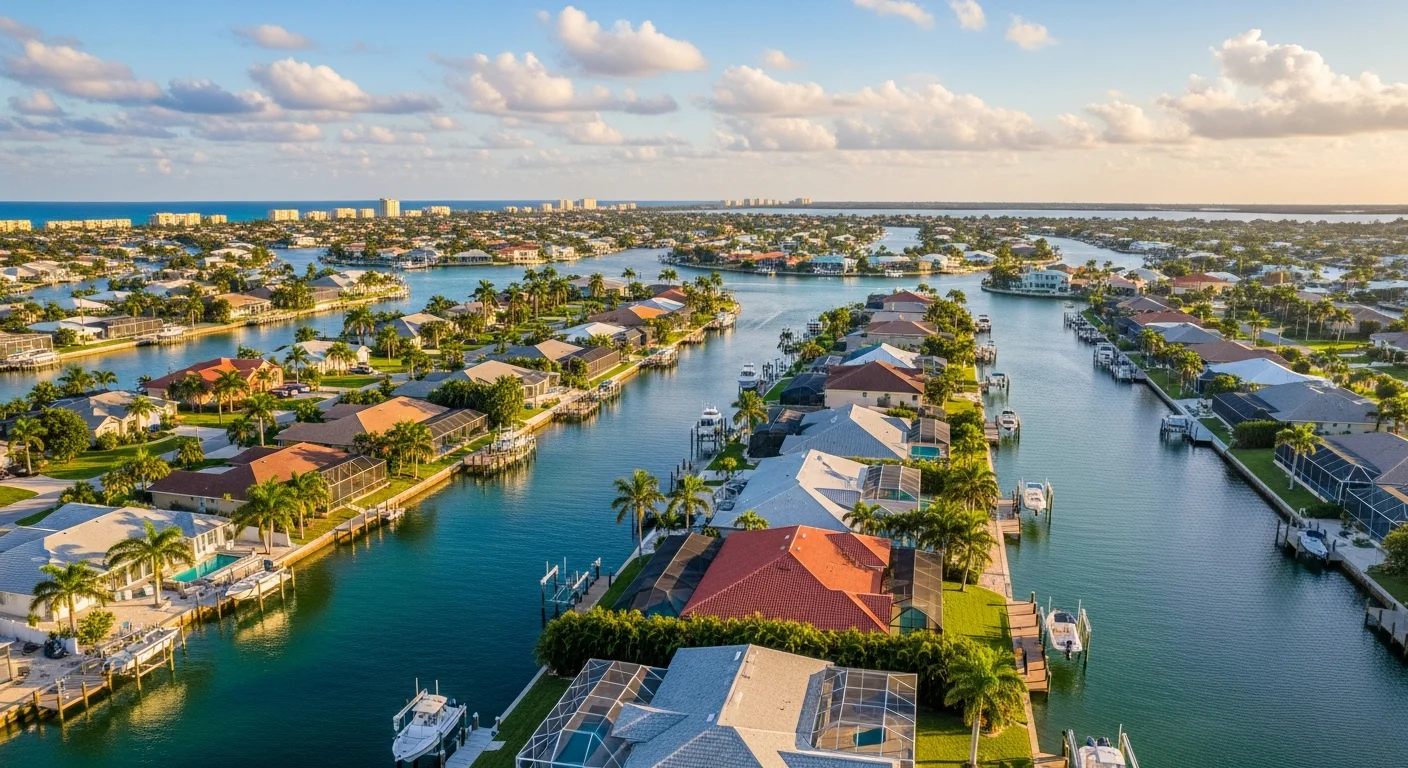 Aerial view of Cape Coral's distinctive canal system with waterfront homes and boat docks lining the waterways.