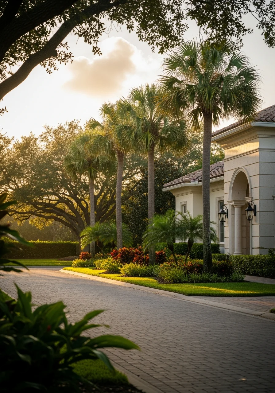 Naples golf course community home with pristine lawn and upscale architectural details.