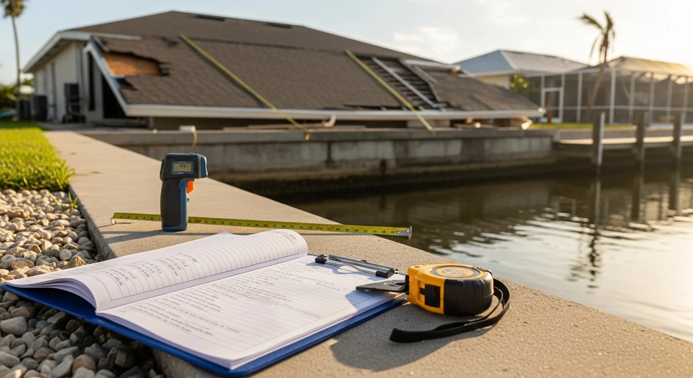A Cape Coral public adjuster from Advanced Claims Consulting LLC reviewing property damage documentation and a denial letter at a storm-damaged single-family home. Visible wind and water damage to the roof and exterior wall is shown in the background.