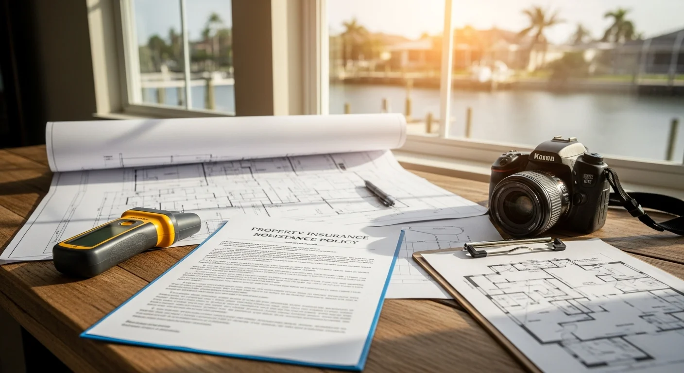 A licensed public adjuster inspecting roof and water damage on a single-family home in Cape Coral, Florida, documenting storm-related loss for an insurance claim negotiation. Clipboard and damage assessment forms visible during the on-site property review.