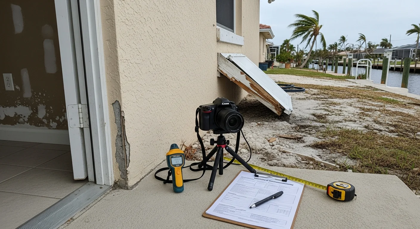 A licensed public adjuster from Advanced Claims Consulting LLC photographing hurricane damage on the roof and exterior walls of a Cape Coral residential property. The image shows a canal-front home with visible storm damage being recorded for an insurance claim file.