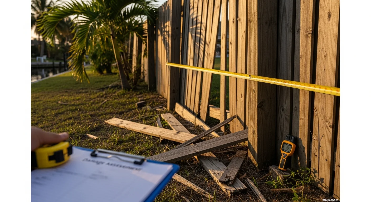 A storm-damaged wooden fence with several panels knocked down and debris scattered across a Cape Coral residential yard following a wind event. A property damage consultant reviews the damage on-site with a clipboard and camera.