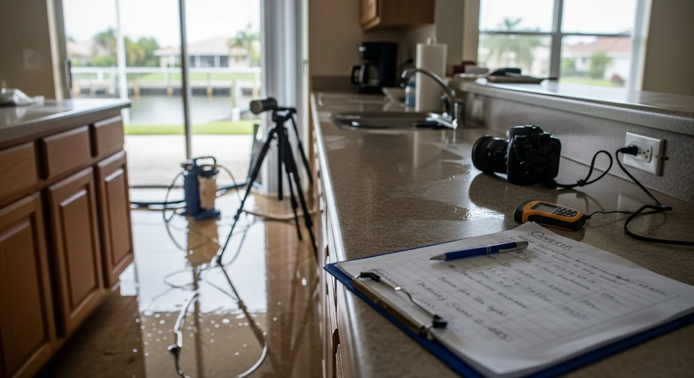 A Cape Coral single-family home showing water damage along the base of interior walls and flooring after a flood event. A claims adjuster photographs structural damage near a canal-facing room for an insurance Proof of Loss submission.