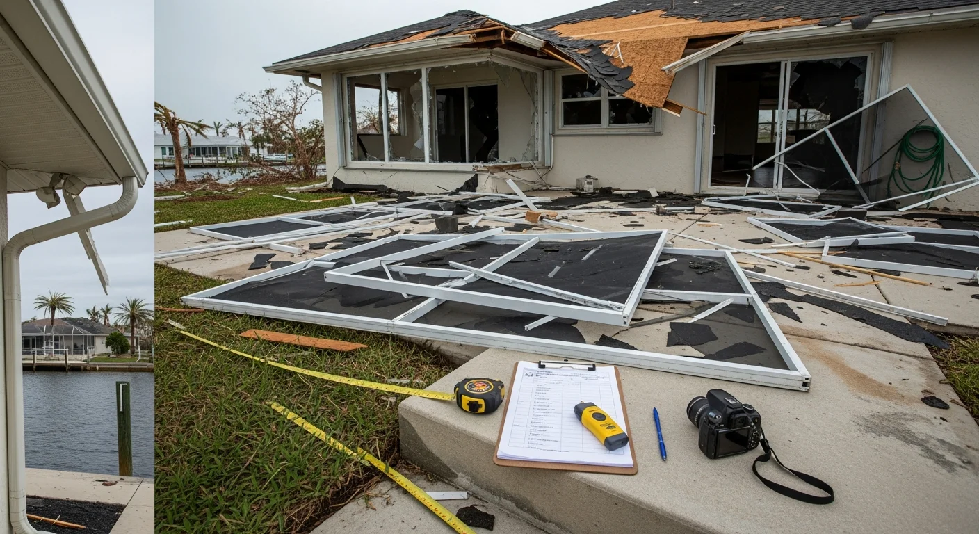A Cape Coral residential property with visible roof damage and missing shingles following a hurricane, with a claims adjuster conducting an exterior inspection. Storm-damaged screen enclosure and water staining on exterior stucco walls visible in the foreground.