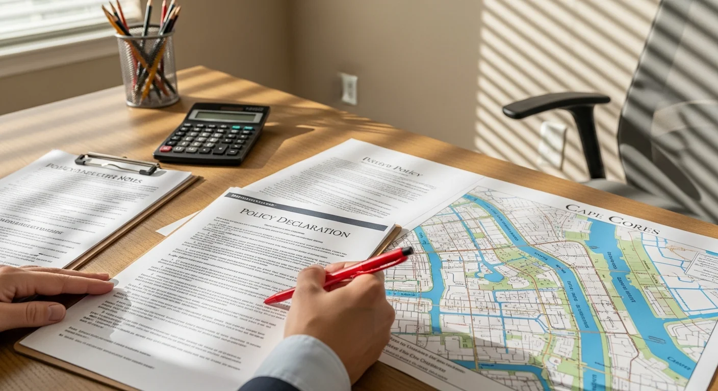A licensed public adjuster reviewing a homeowner insurance policy document at a table in Cape Coral, Florida. Printed declaration pages and endorsement forms are spread out alongside a property damage photo file.