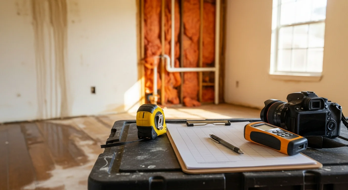 A Cape Coral homeowner's interior showing water-damaged drywall and buckled flooring after a pipe break. A claims adjuster documents the loss with photos and written notes on-site.