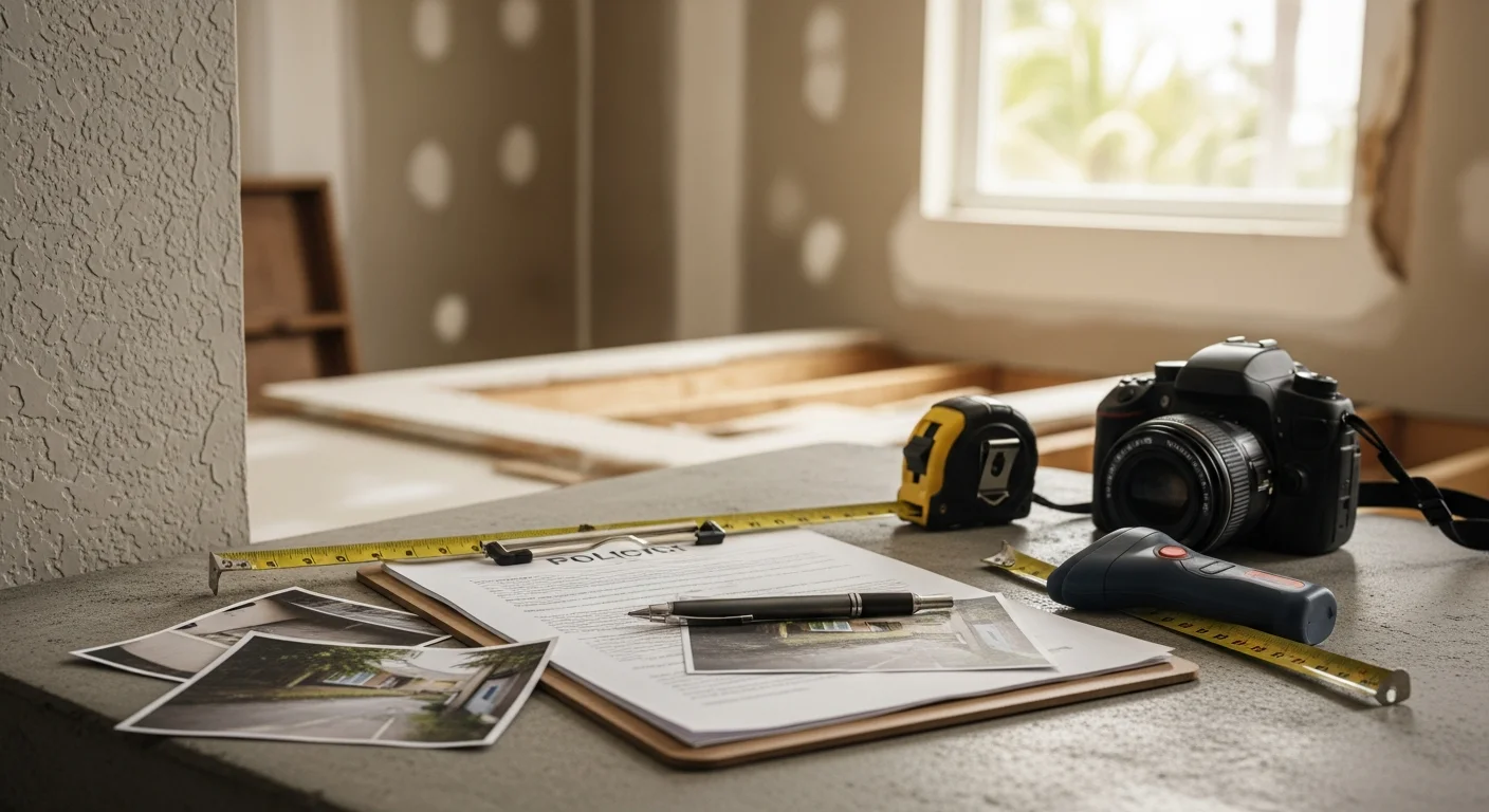 A Cape Coral property damage restoration consultant reviewing storm damage documentation and insurance policy paperwork at a residential property. Wind and water damage visible on the exterior wall and roof of a single-family home in Southwest Florida.
