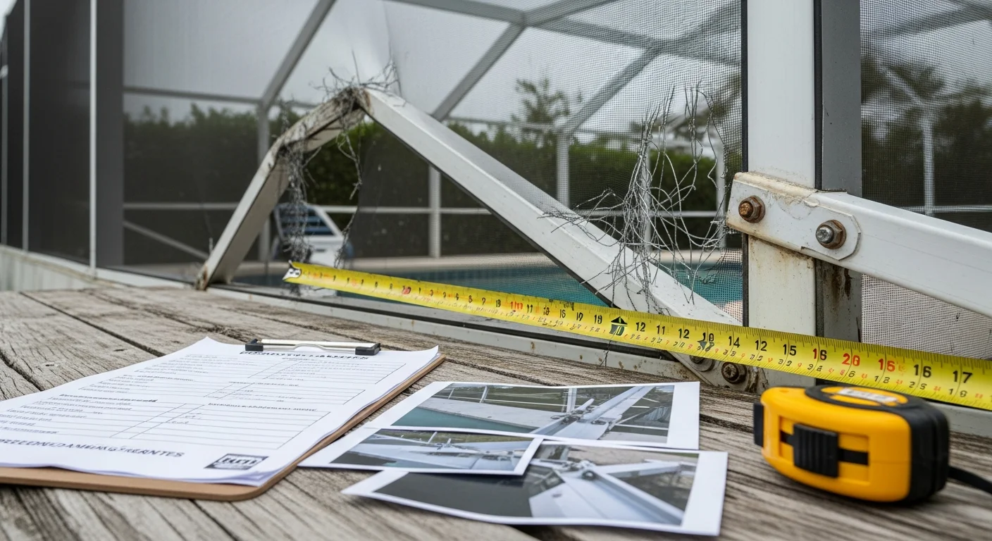 A storm-damaged pool cage in Cape Coral, Florida, showing bent aluminum framing and torn screen panels after a hurricane. A property damage consultant reviews the structural damage for an insurance claim assessment.