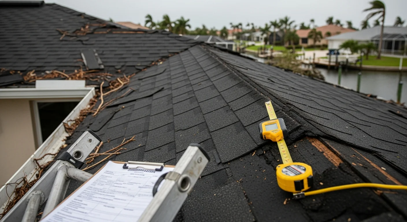 A Cape Coral residential roof with missing shingles and exposed underlayment following hurricane-force wind damage. An insurance claims adjuster inspects and documents the storm damage for a homeowner's wind damage claim.